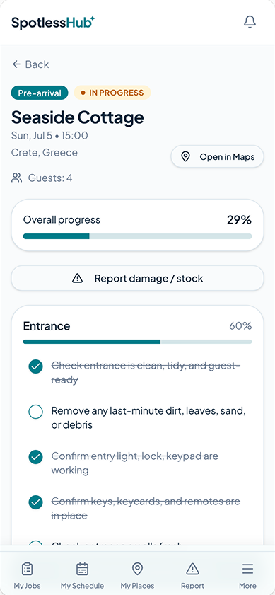 SpotlessHub mobile app showing a cleaner's job progress